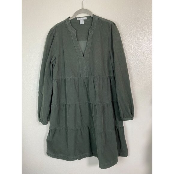 Lucky Brand Green Corduroy Tiered Long Sleeve Dress Women's Size Medium Solid - Picture 15 of 16